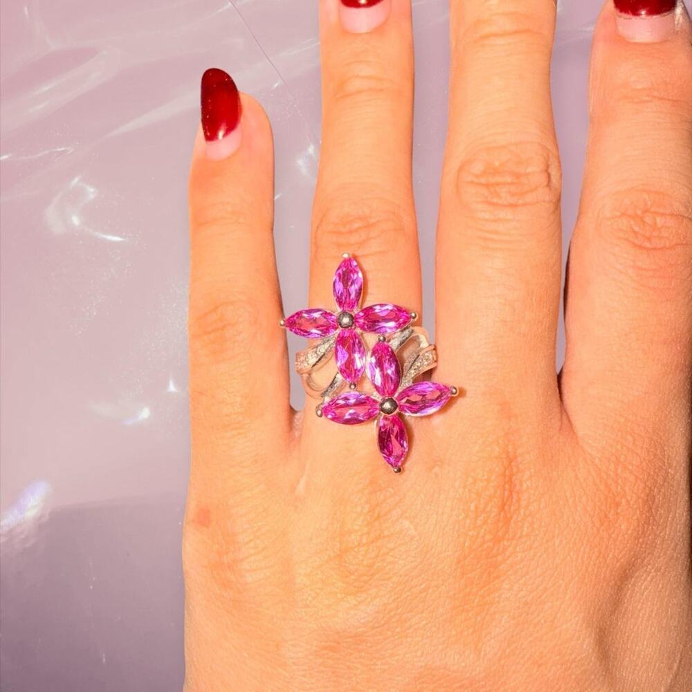 Y2K whimsy fairy core 925 Sterling Silver pink flower gem ring